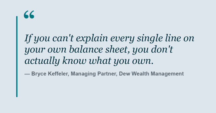 Pull-quote card reading: If you can't explain every single line on your own balance sheet, you don't actually know what you own. Attributed to Bryce Keffeler, Managing Partner, Dew Wealth Management.