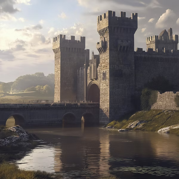 a large stone castle with a moat